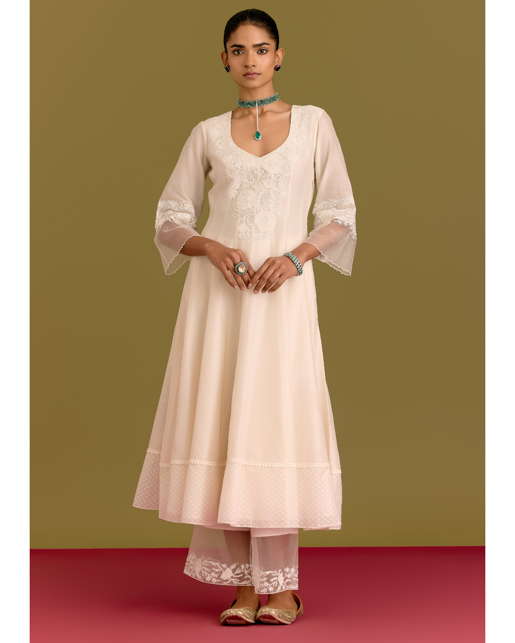 Ivory Silk Chanderi Anarkali Set