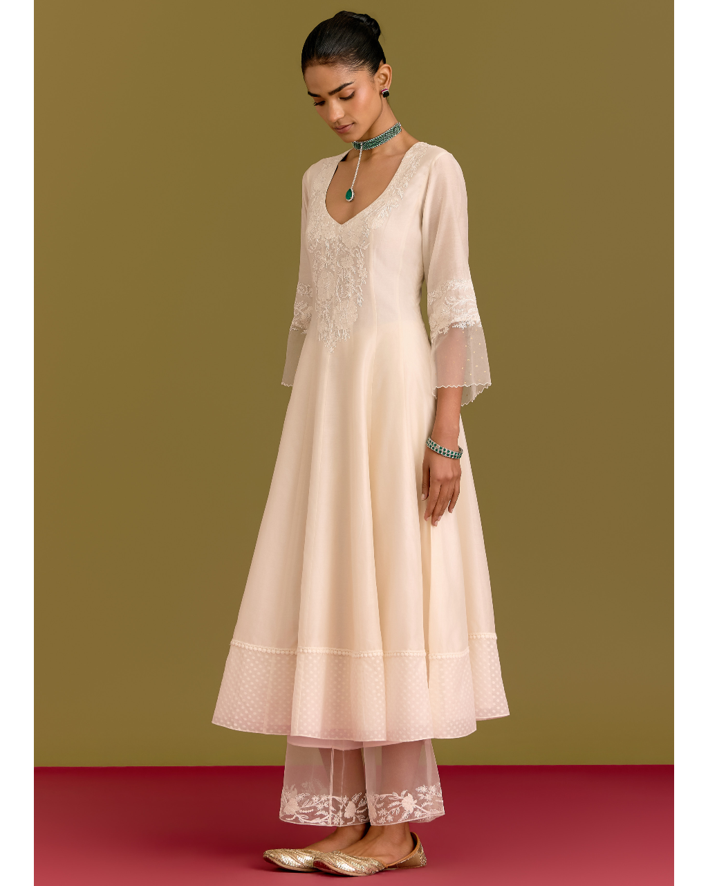 Ivory Silk Chanderi Anarkali Set