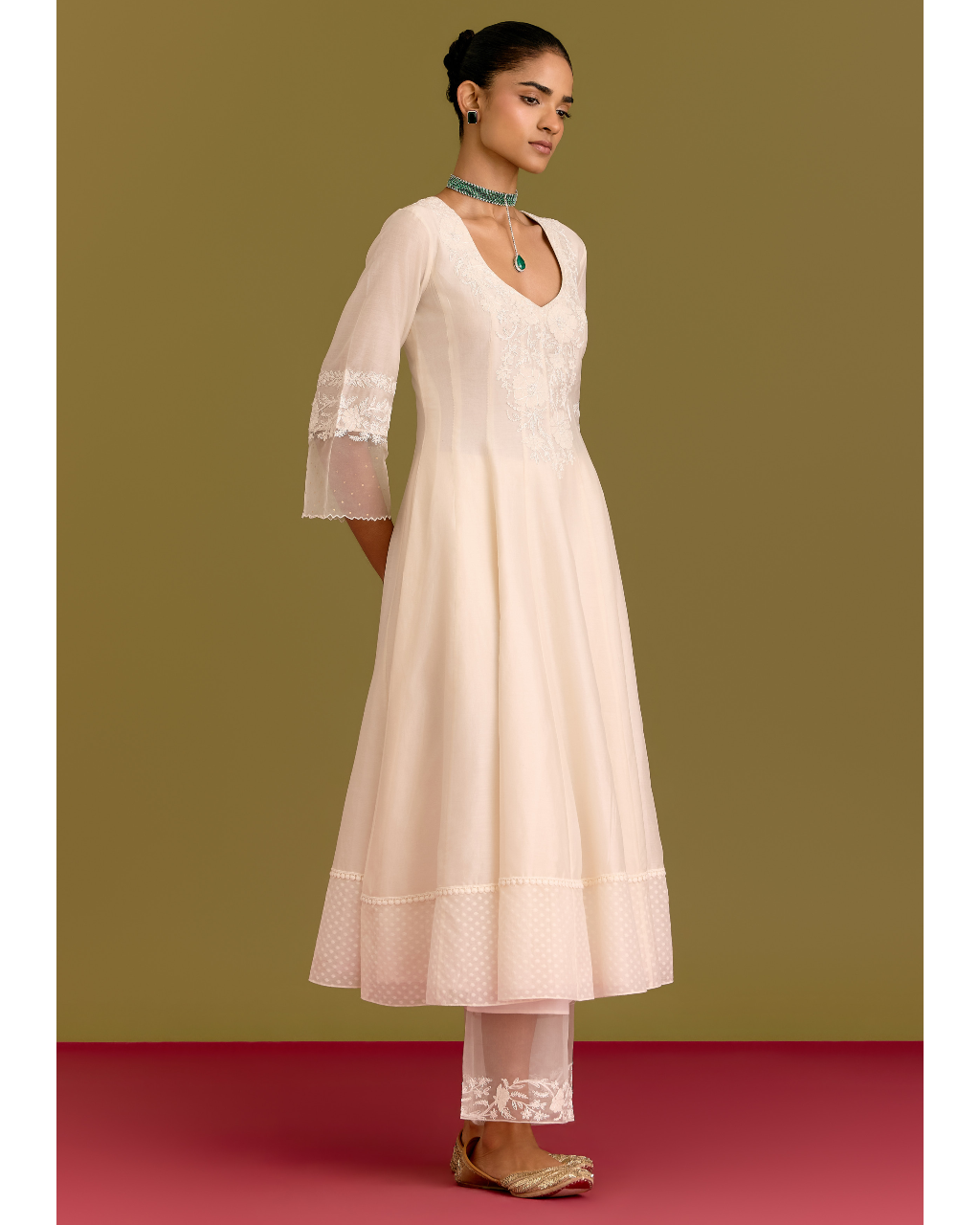 Ivory Silk Chanderi Anarkali Set