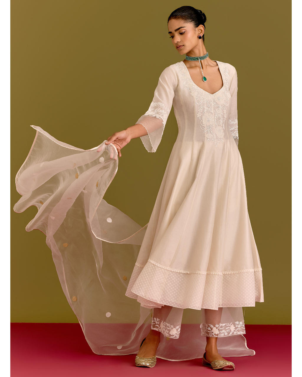 Ivory Silk Chanderi Anarkali Set