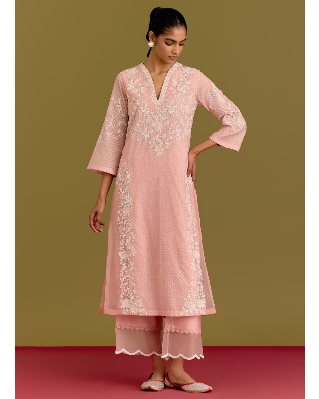 Pink Woven Kurta Set