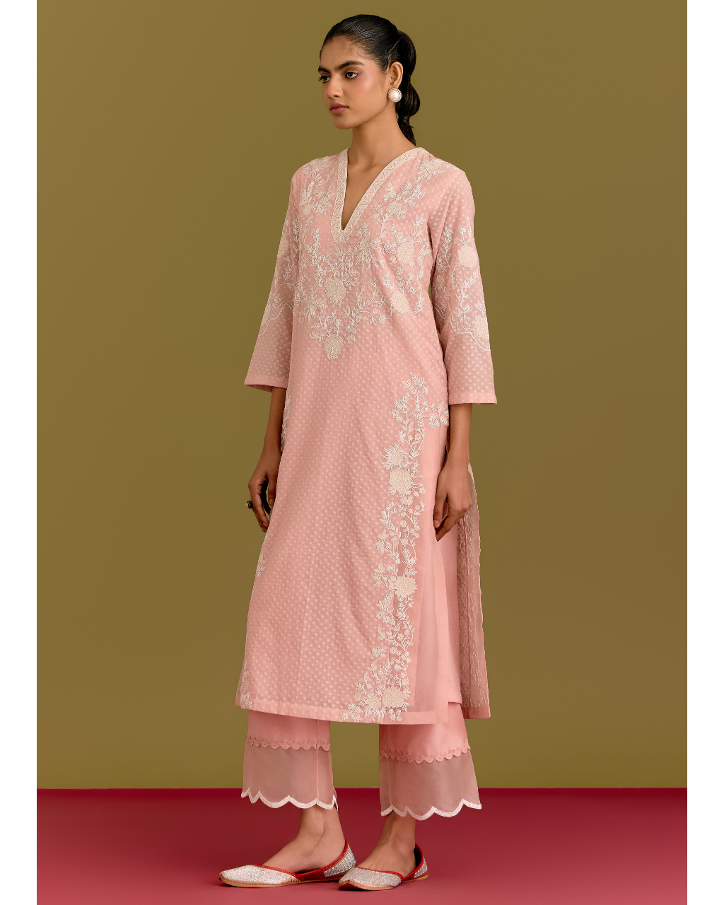 Pink Woven Kurta Set