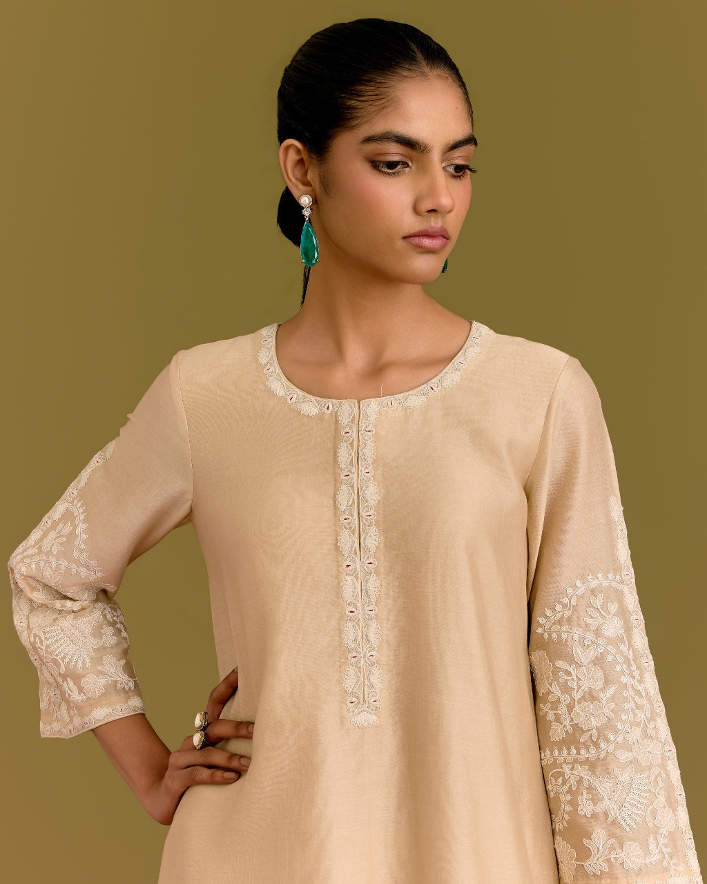 Beige Dori Embroidered Kurta Set