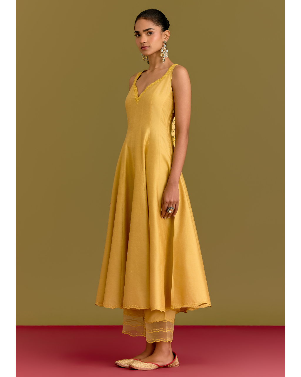 Yellow Cotton Silk Satin Anarkali Set
