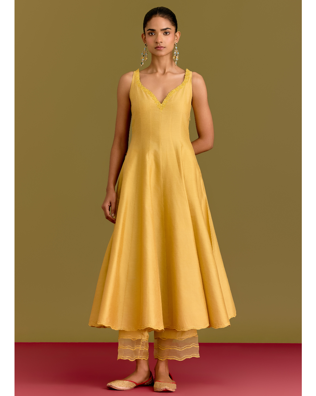 Yellow Cotton Silk Satin Anarkali Set