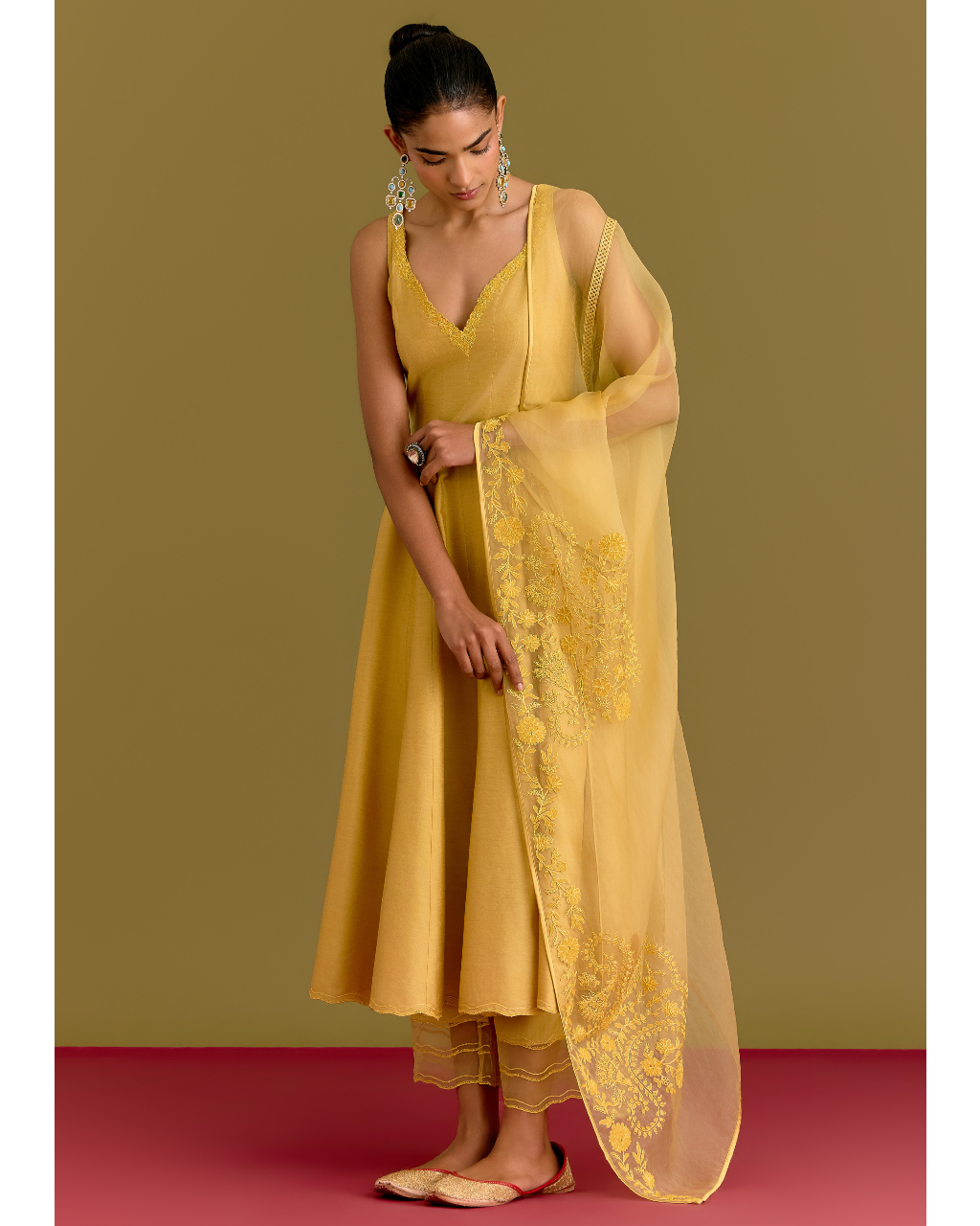 Yellow Cotton Silk Satin Anarkali Set