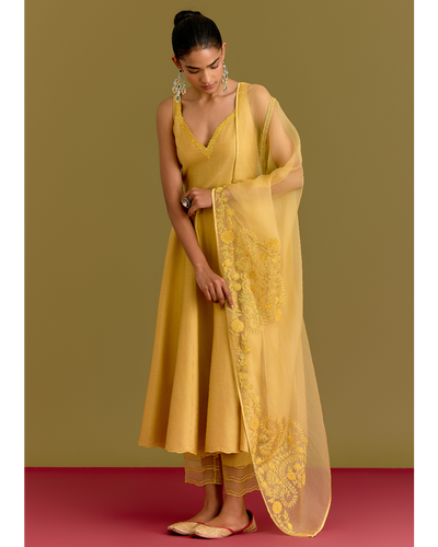 Yellow Cotton Silk Satin Anarkali Set