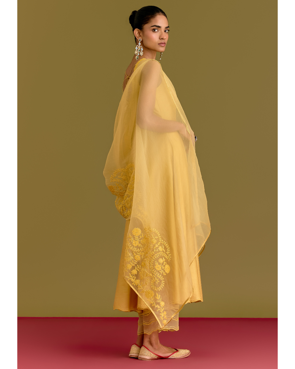 Yellow Cotton Silk Satin Anarkali Set