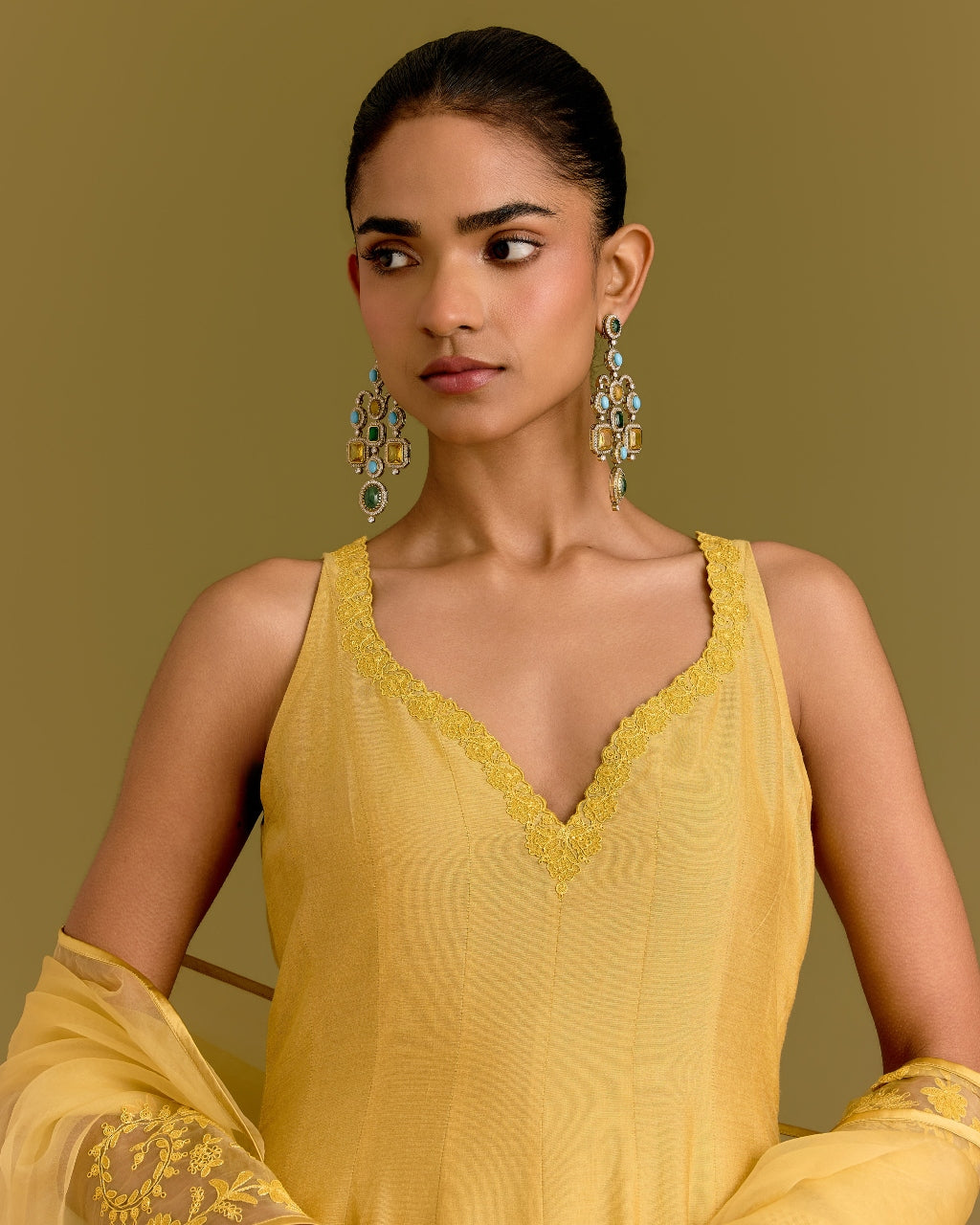 Yellow Cotton Silk Satin Anarkali Set