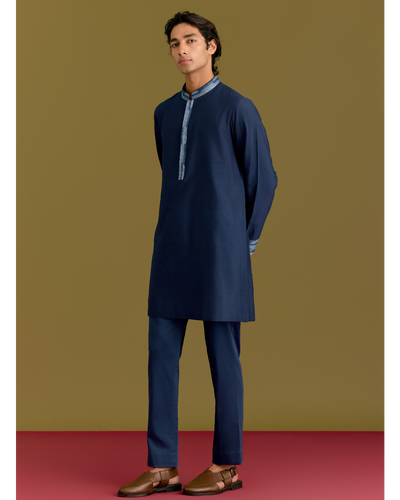 Blue Cotton Silk Embriodered Kurta Set