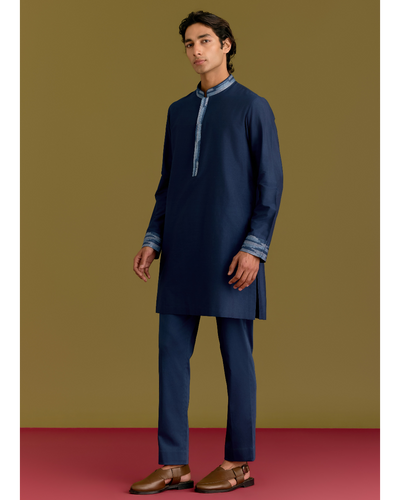 Blue Cotton Silk Embriodered Kurta Set