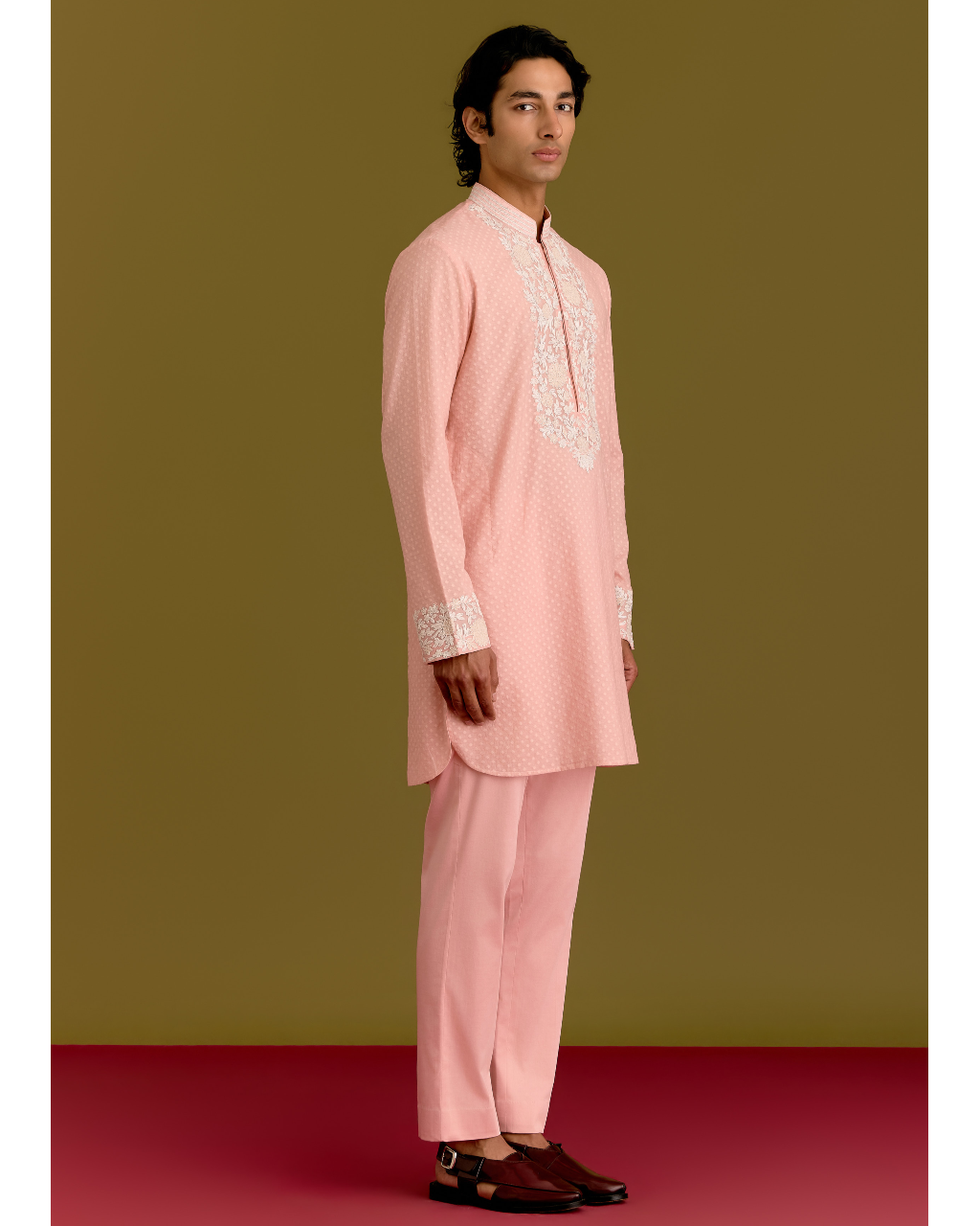 Pink Woven Embroidered Kurta Set