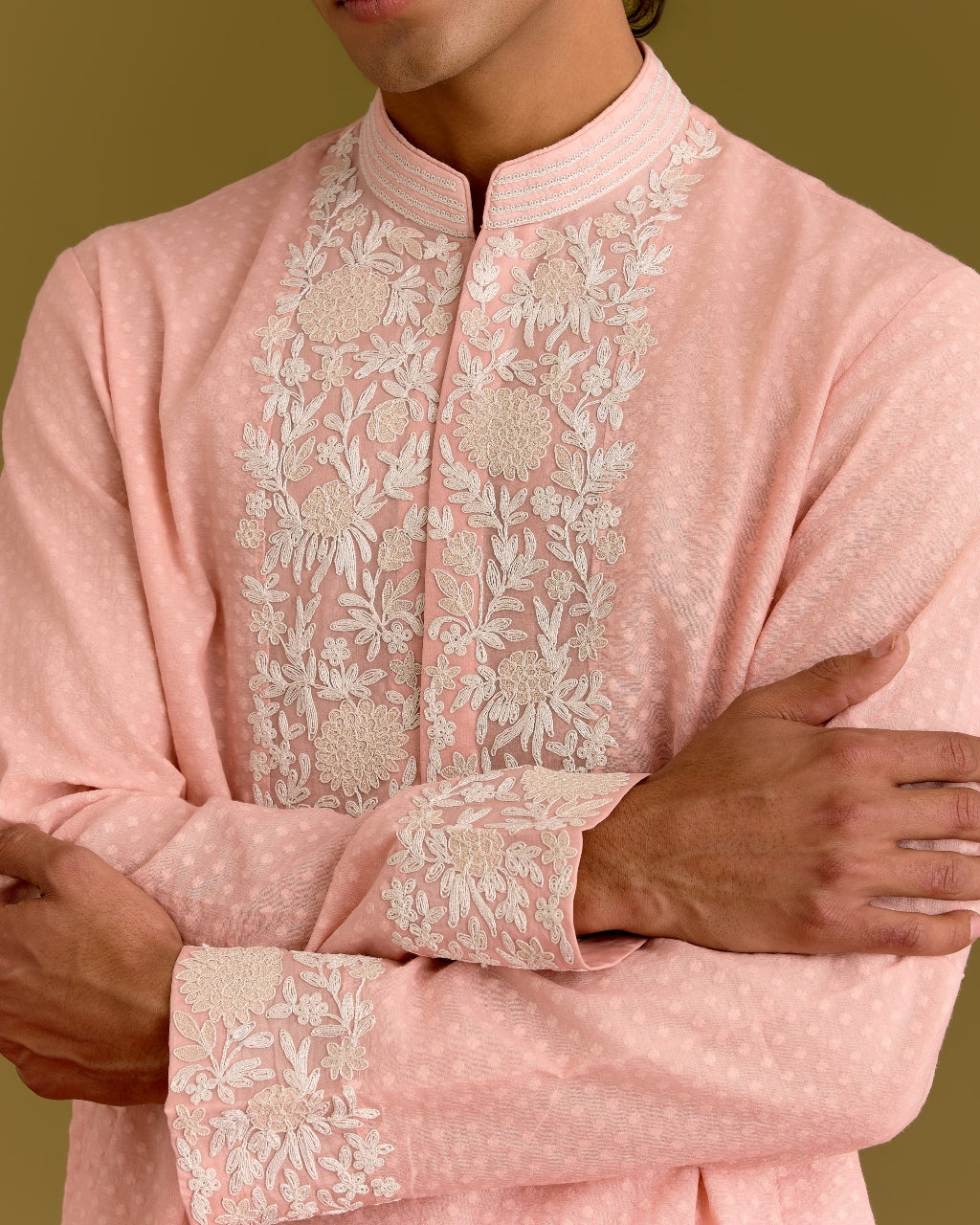 Pink Woven Embroidered Kurta Set