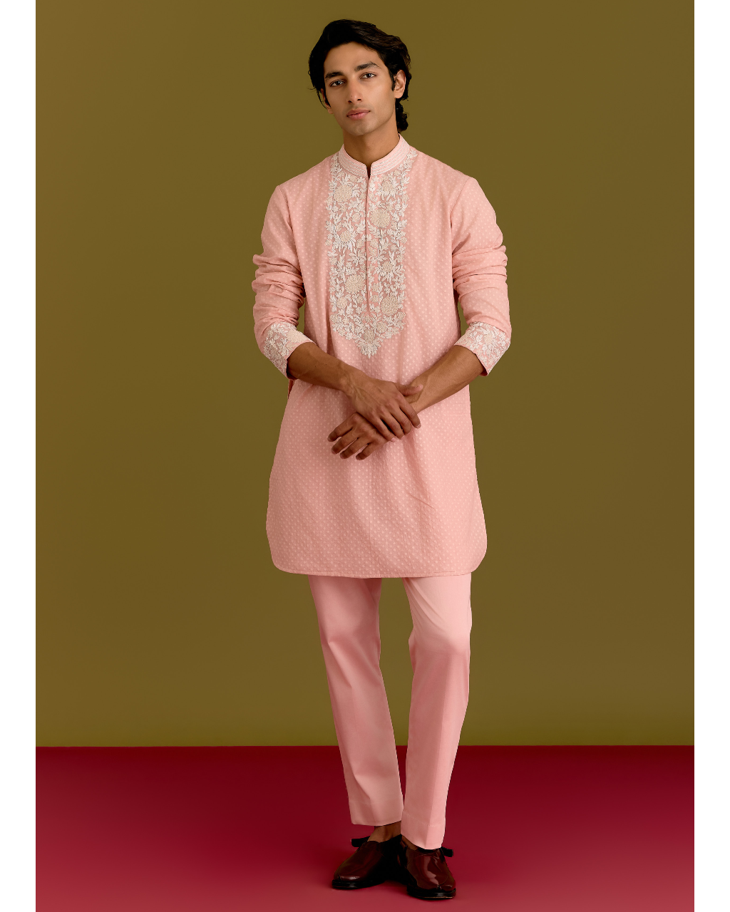 Pink Woven Embroidered Kurta Set