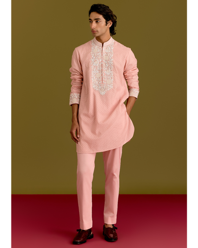 Pink Woven Embroidered Kurta Set