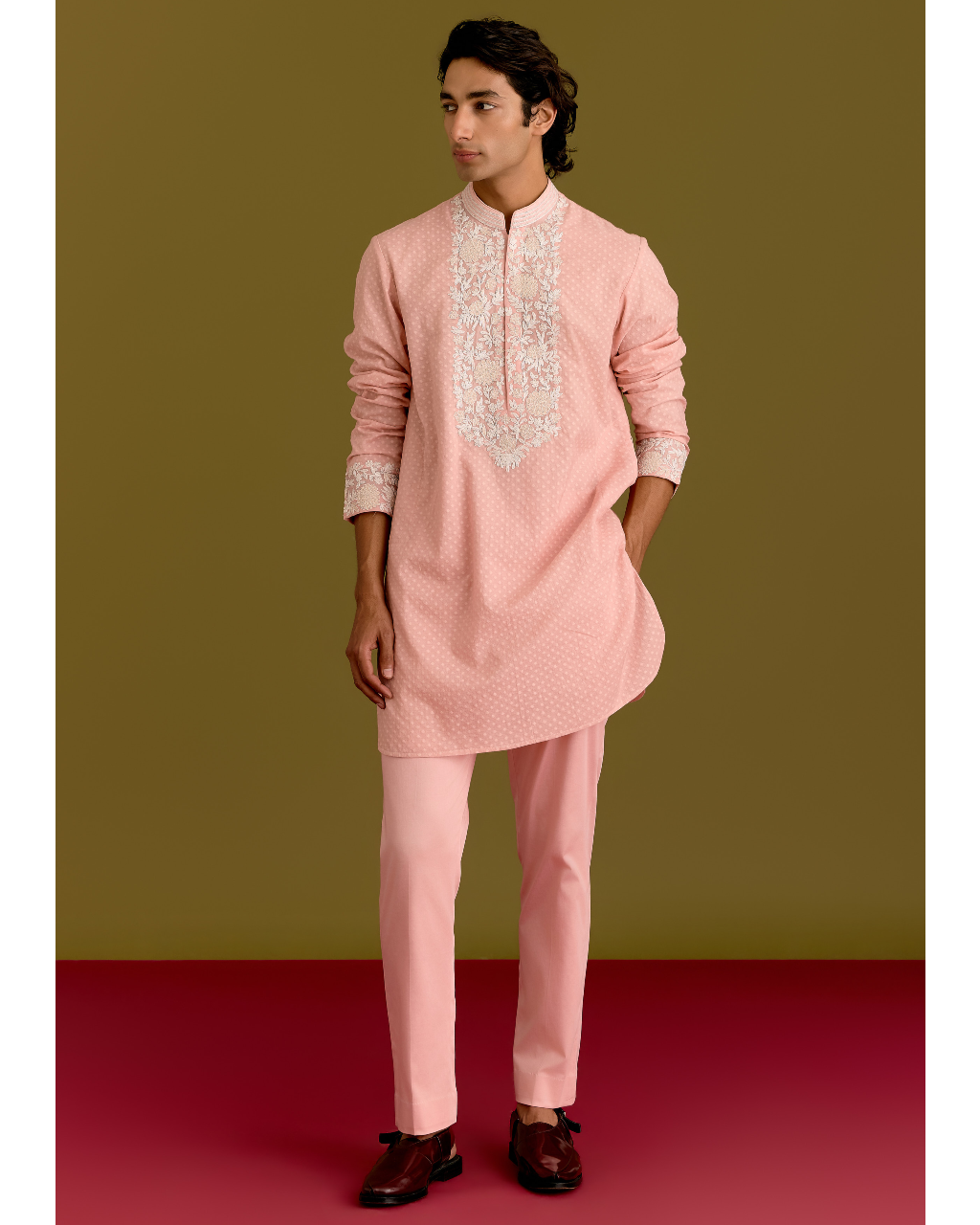 Pink Woven Embroidered Kurta Set