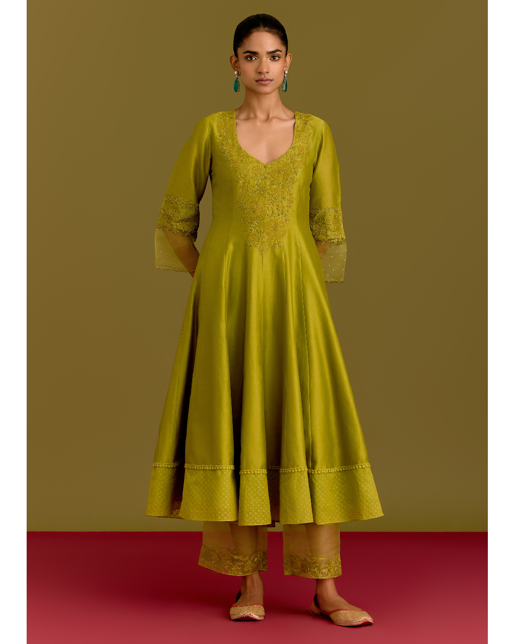 Green Silk Chanderi Anarkali Set
