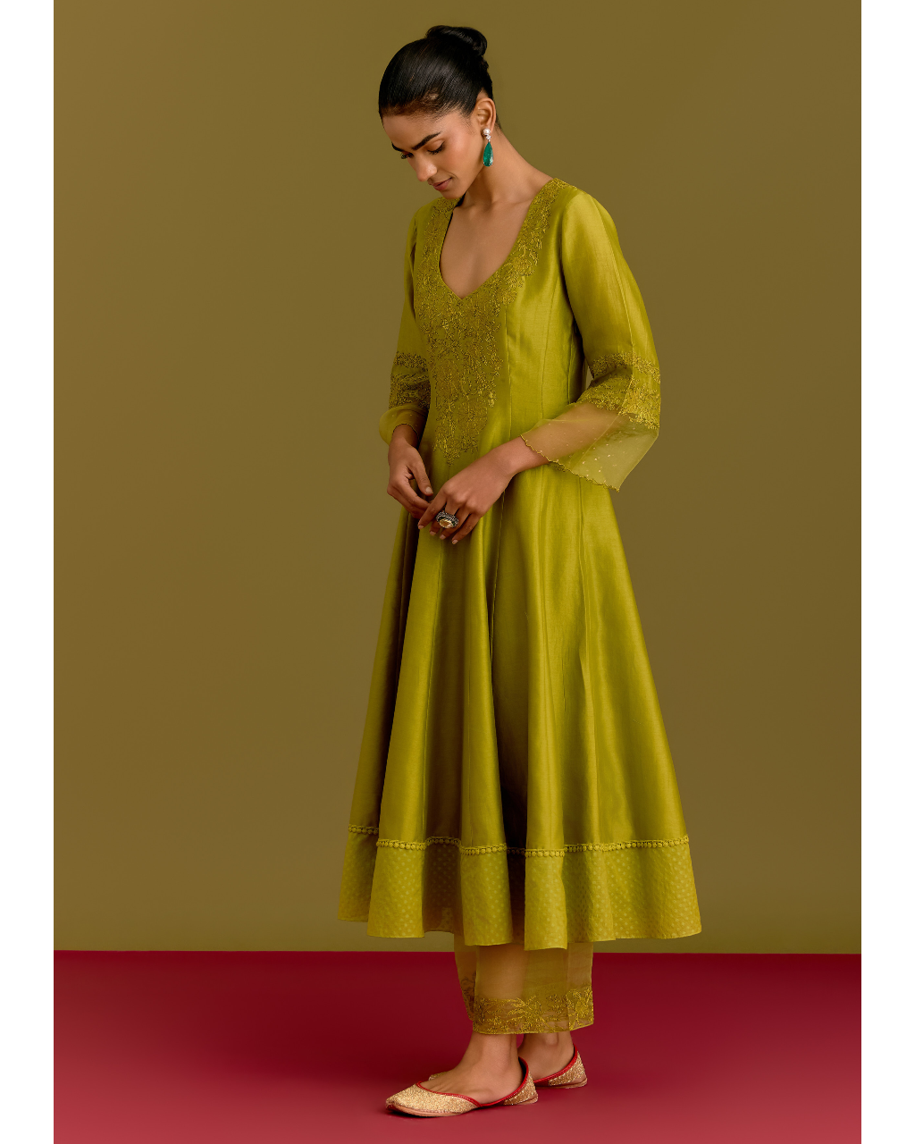 Green Silk Chanderi Anarkali Set