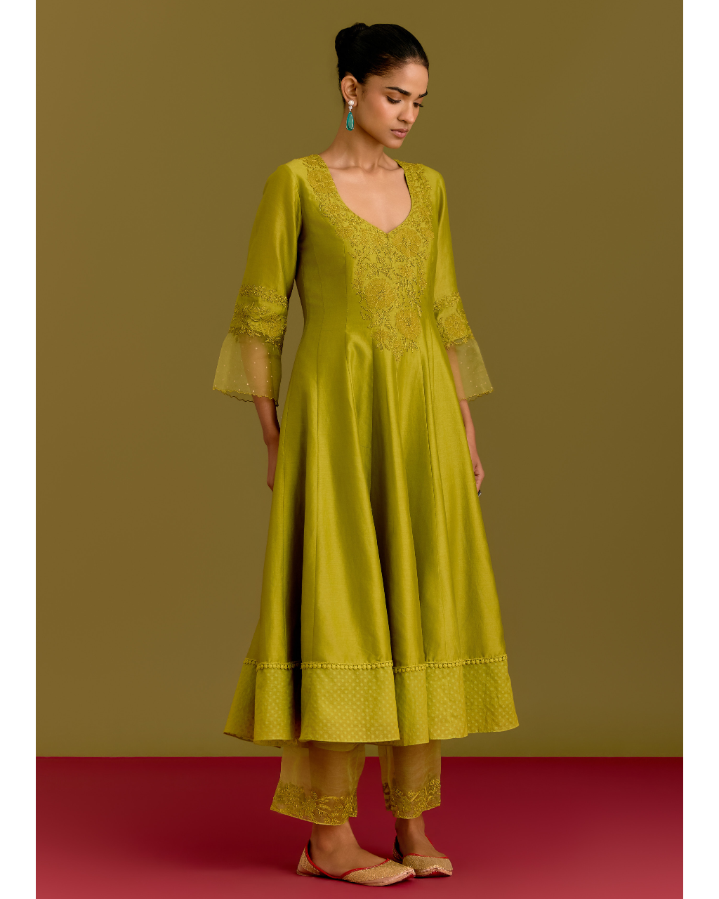 Green Silk Chanderi Anarkali Set