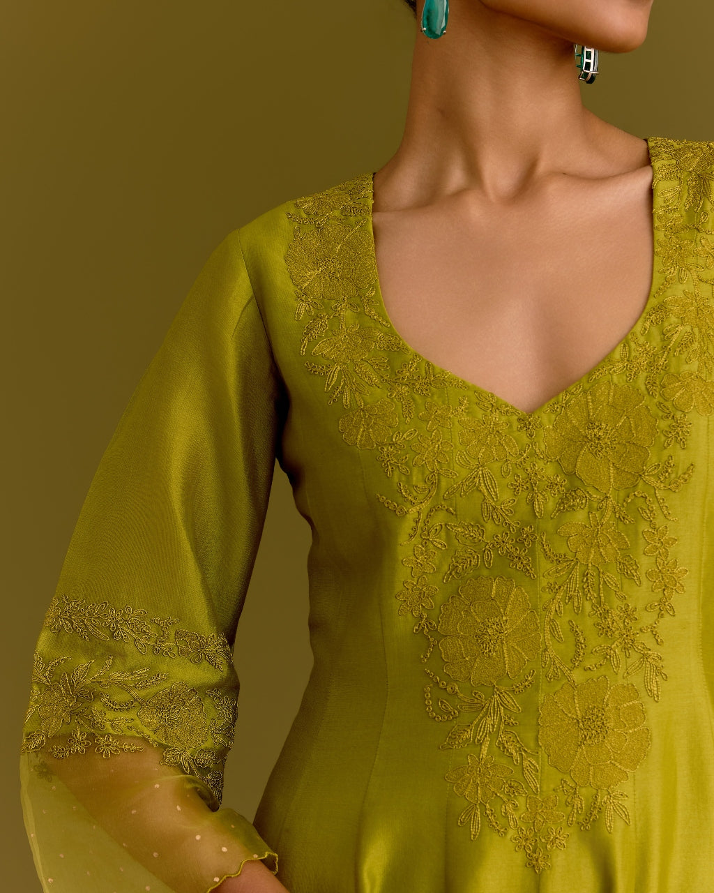 Green Silk Chanderi Anarkali Set