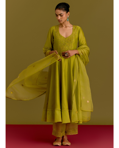Green Silk Chanderi Anarkali Set