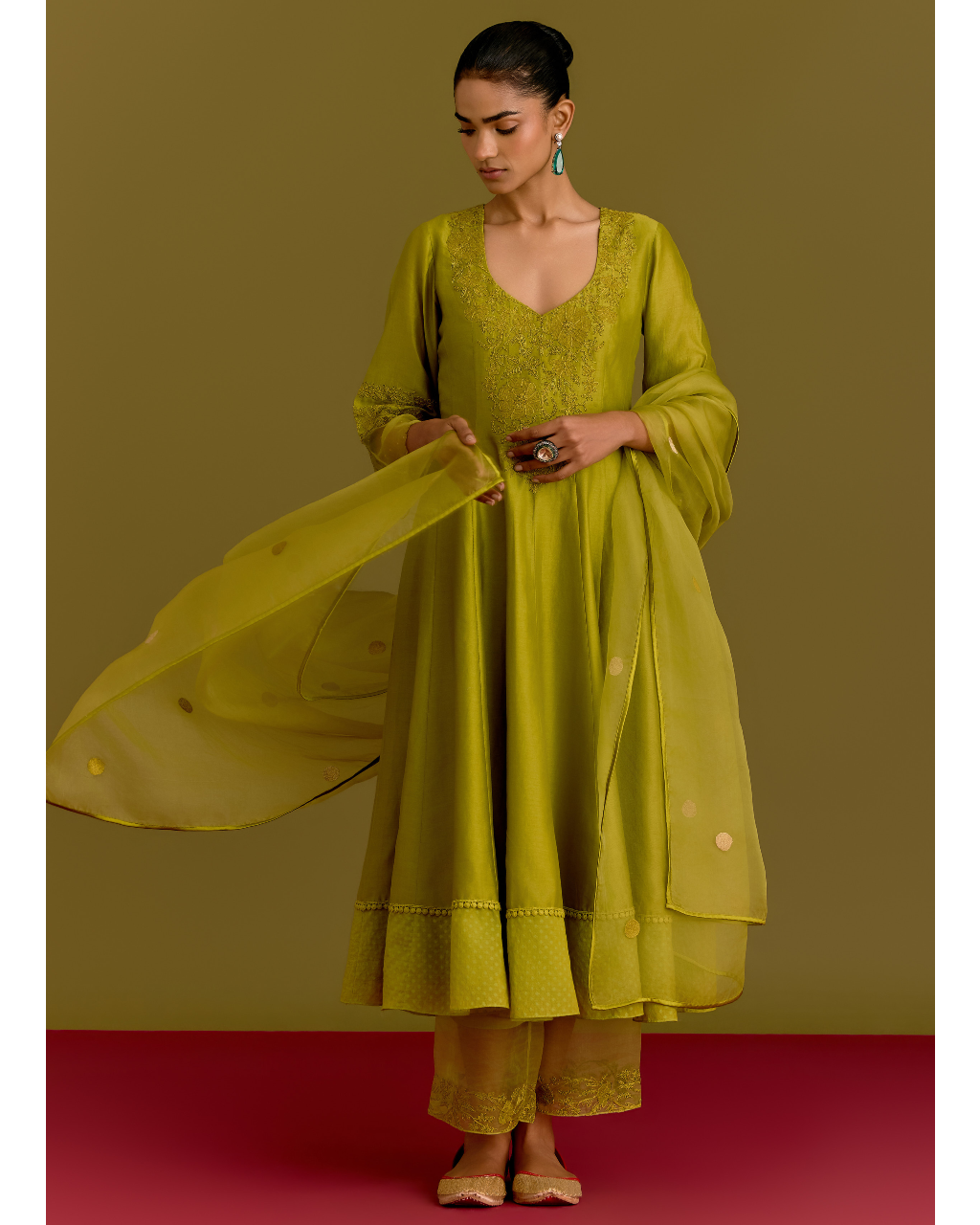 Green Silk Chanderi Anarkali Set