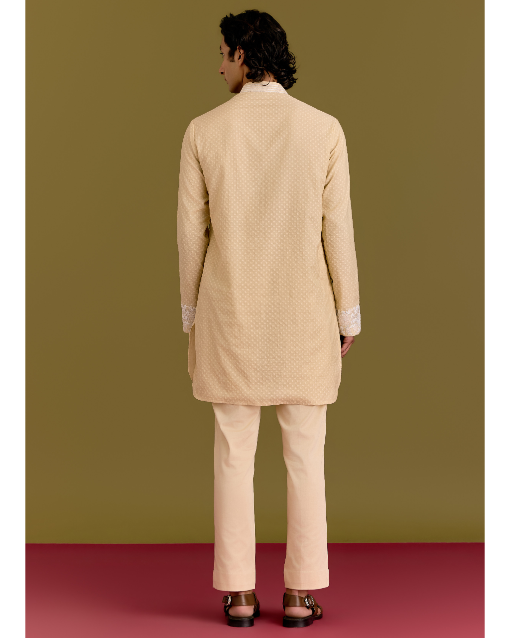 Beige Woven Silk Chanderi Embroidered Kurta Set