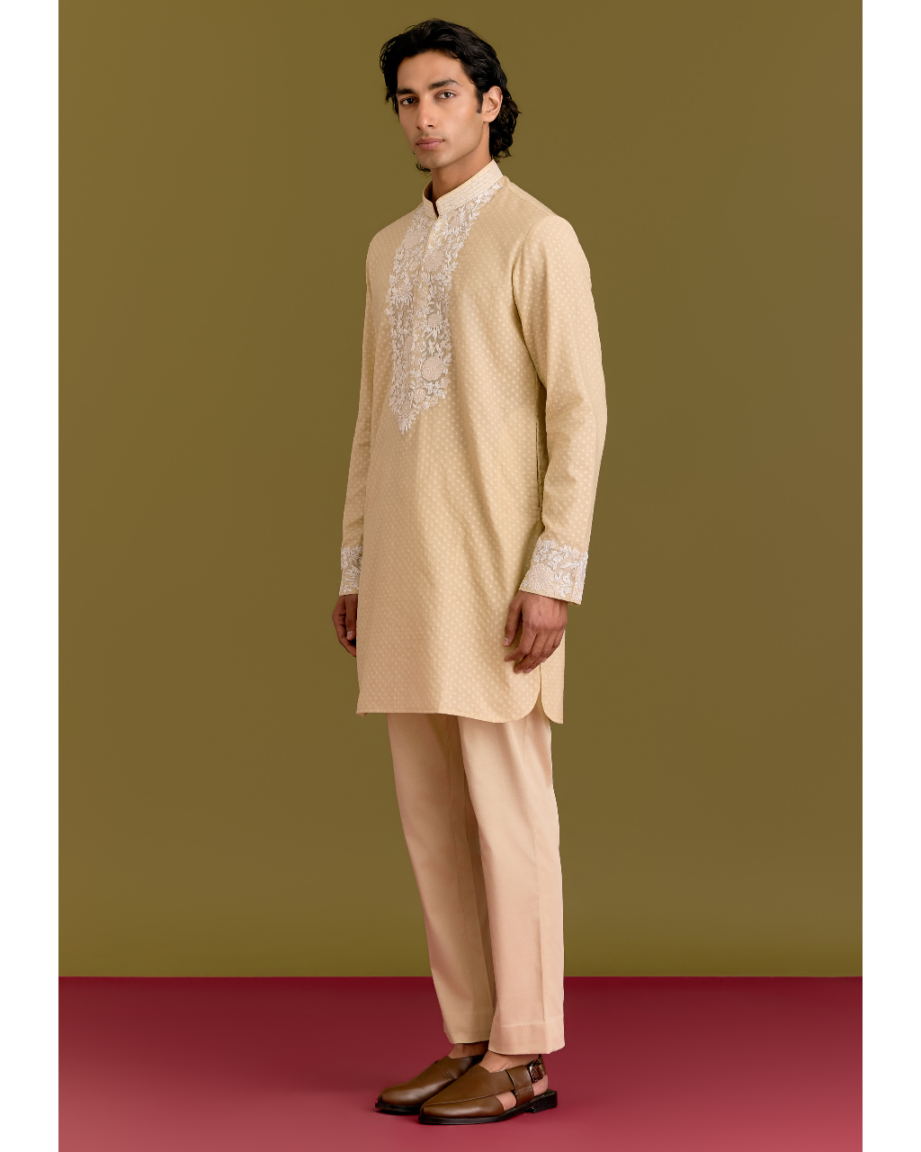 Beige Woven Silk Chanderi Embroidered Kurta Set