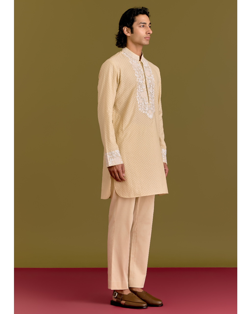 Beige Woven Silk Chanderi Embroidered Kurta Set