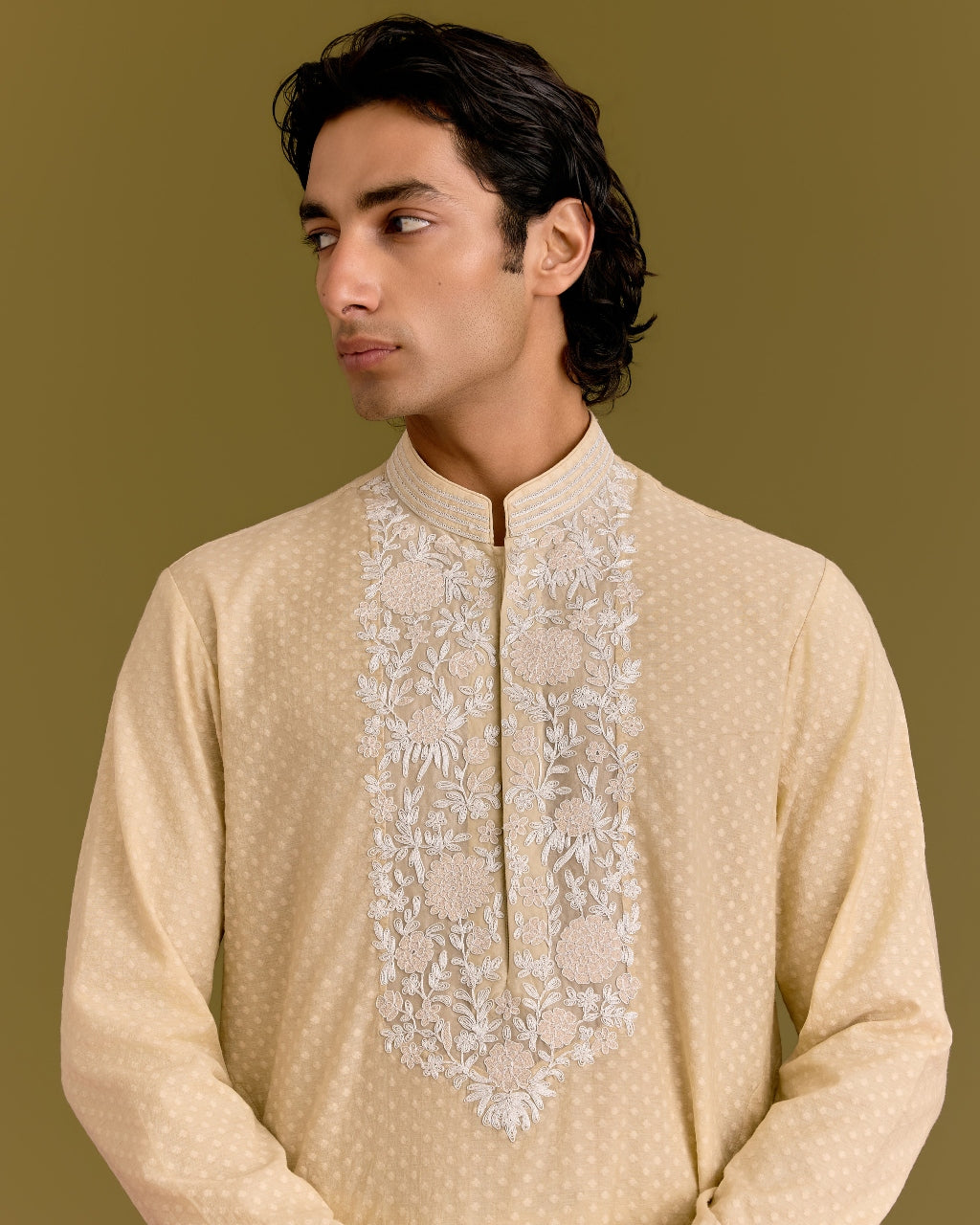 Beige Woven Silk Chanderi Embroidered Kurta Set