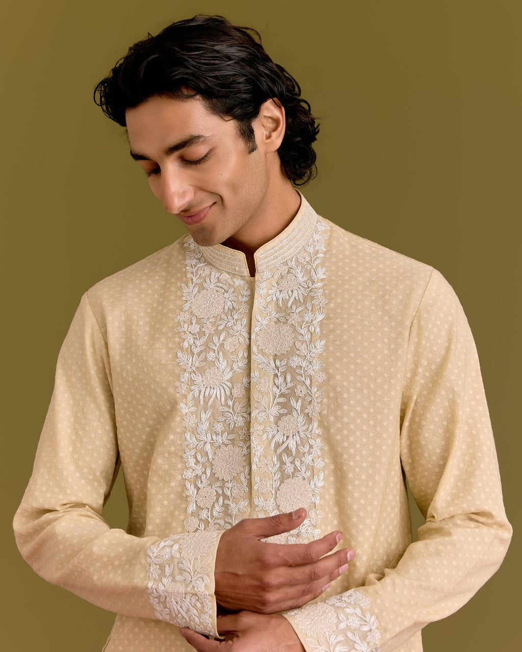 Beige Woven Silk Chanderi Embroidered Kurta Set