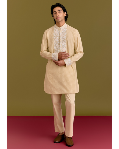 Beige Woven Silk Chanderi Embroidered Kurta Set