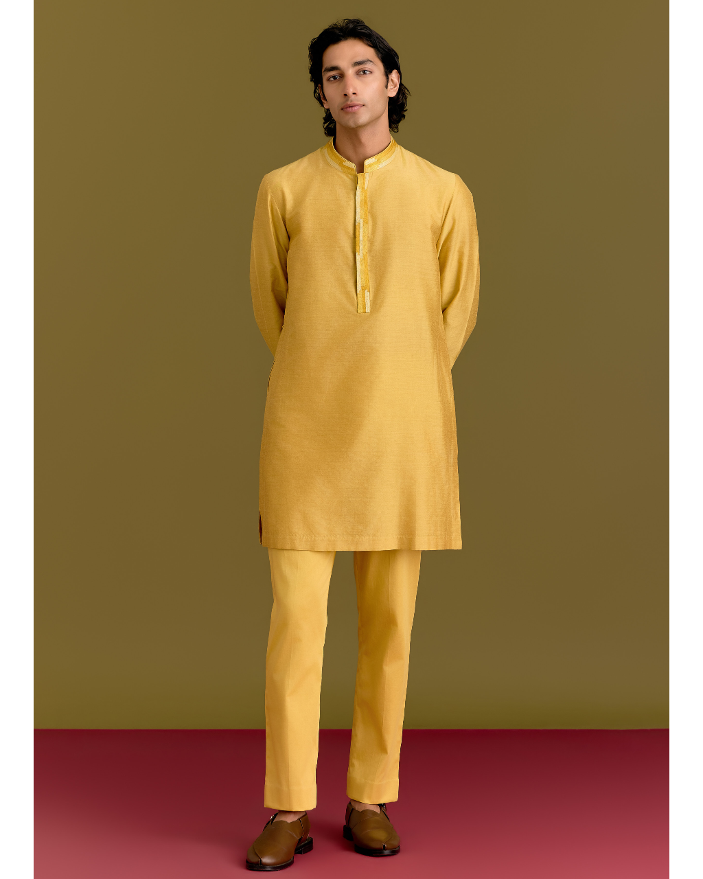 Mustard Cotton Silk Embriodered Kurta Set