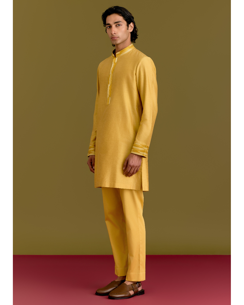 Mustard Cotton Silk Embriodered Kurta Set