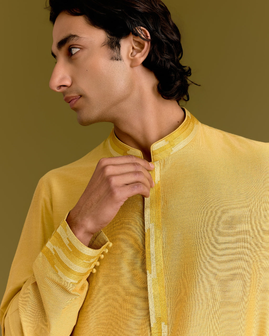 Mustard Cotton Silk Embriodered Kurta Set