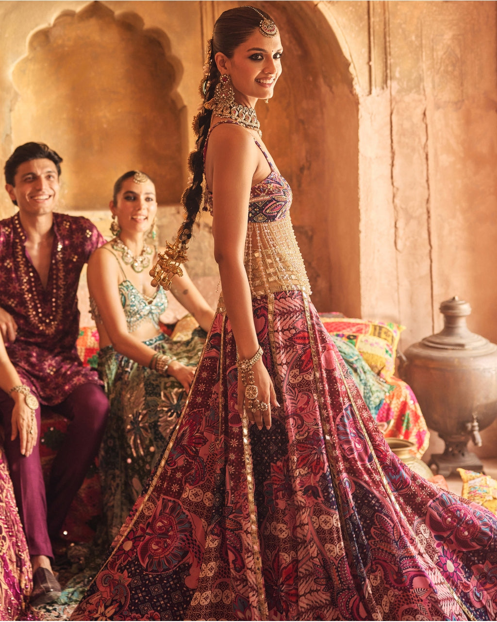 Fuchsia Mirror Highlighted Skirt With Tassel Blouse Set