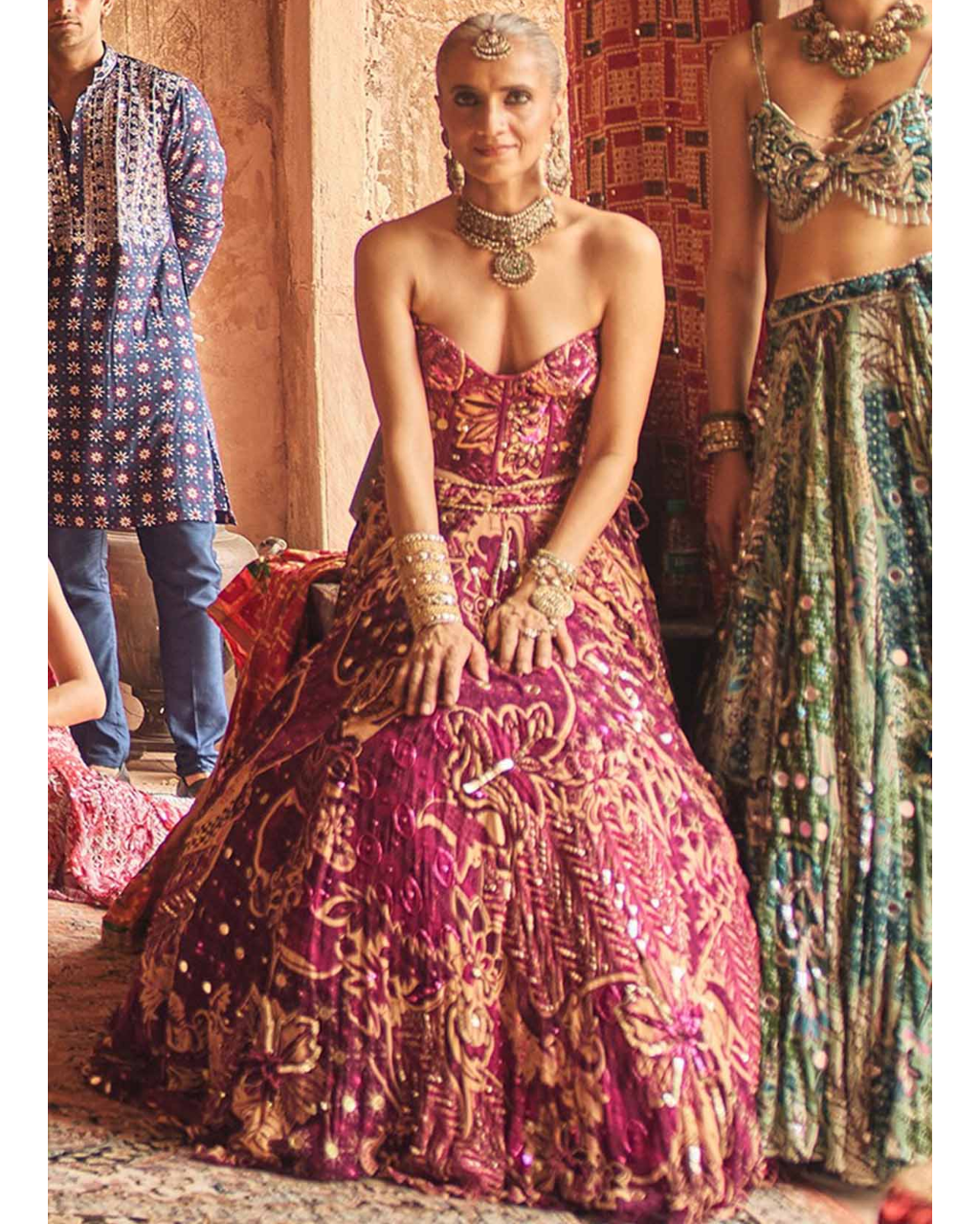 Green Floral Blouse With Statement Highlighted Lehenga Set