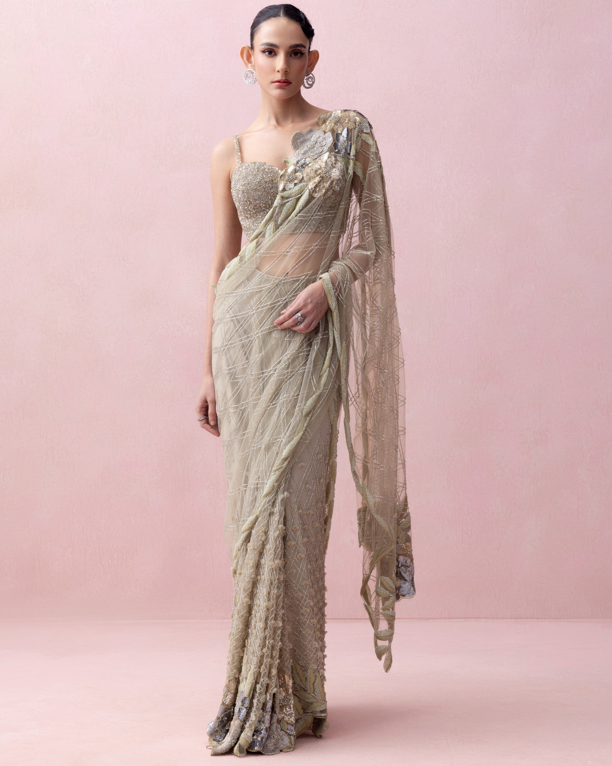 Sea Green Pre-Stitched Sari With Rose Applique And Corset Blouse