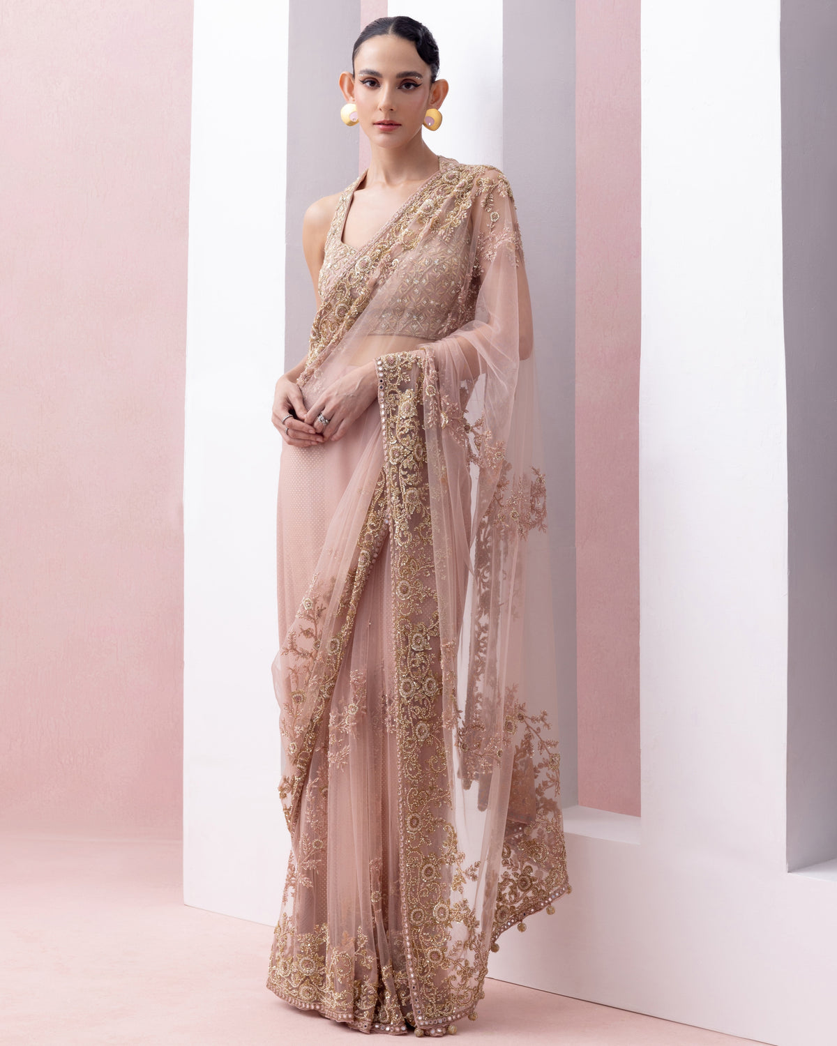 Peach Thread Work Pre-Stitched Sari With Embroidered Razor Back Blouse