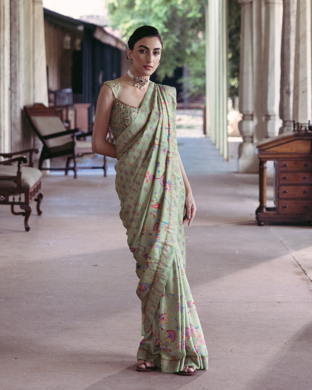 Green Embroidered Sari Set