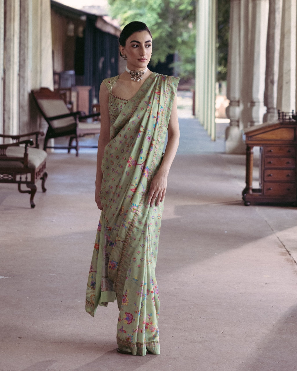 Green Embroidered Sari Set