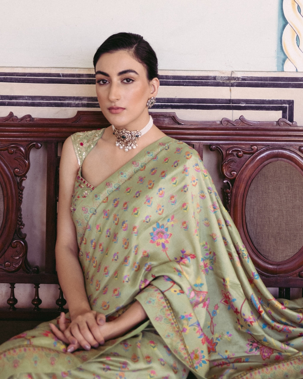 Green Embroidered Sari Set