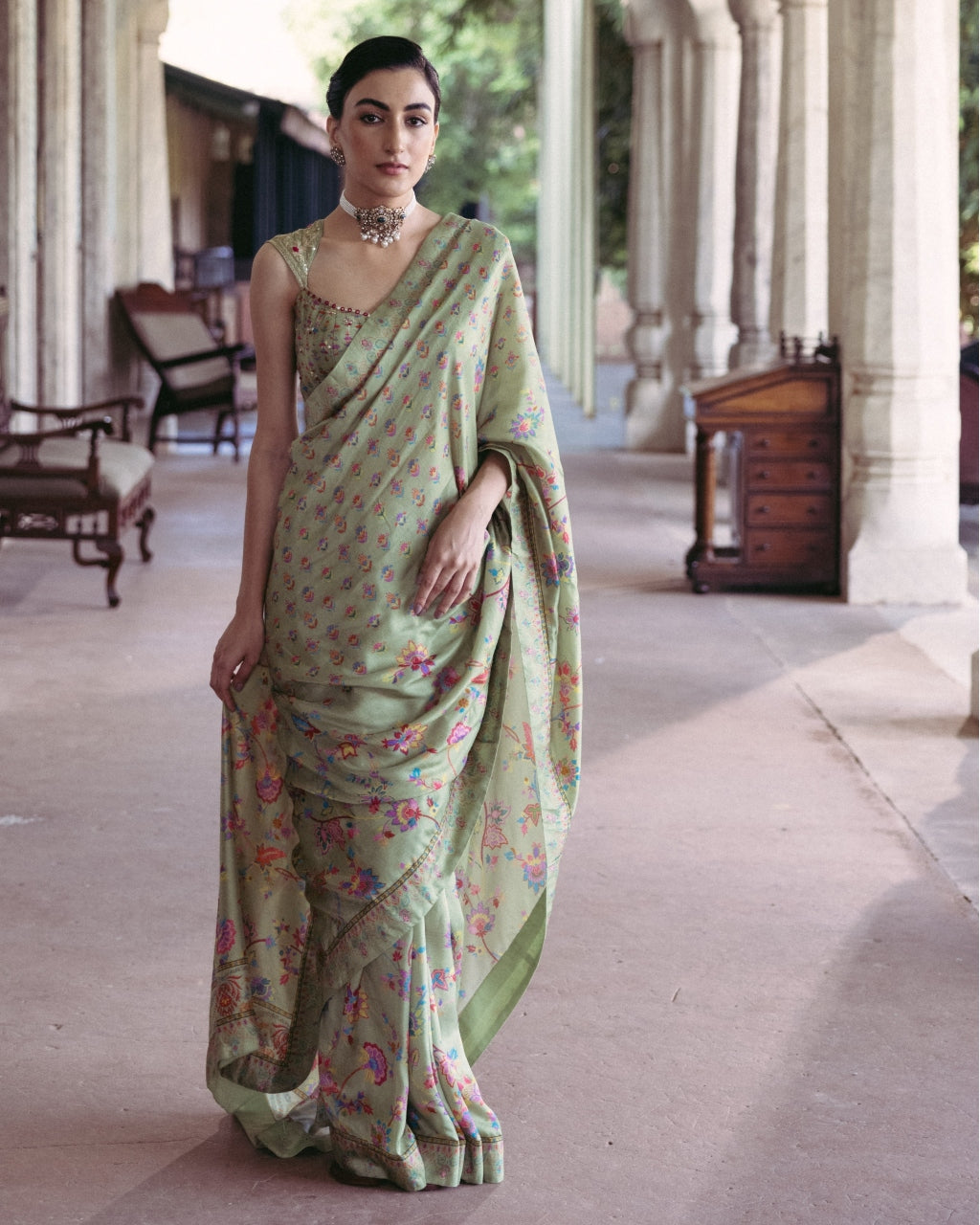 Green Embroidered Sari Set