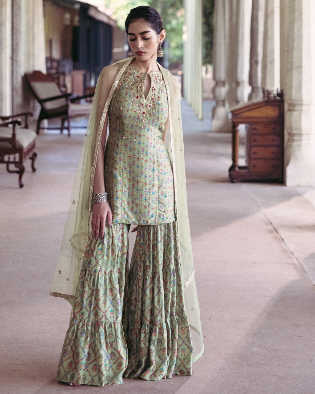 Green Print Sharara Set