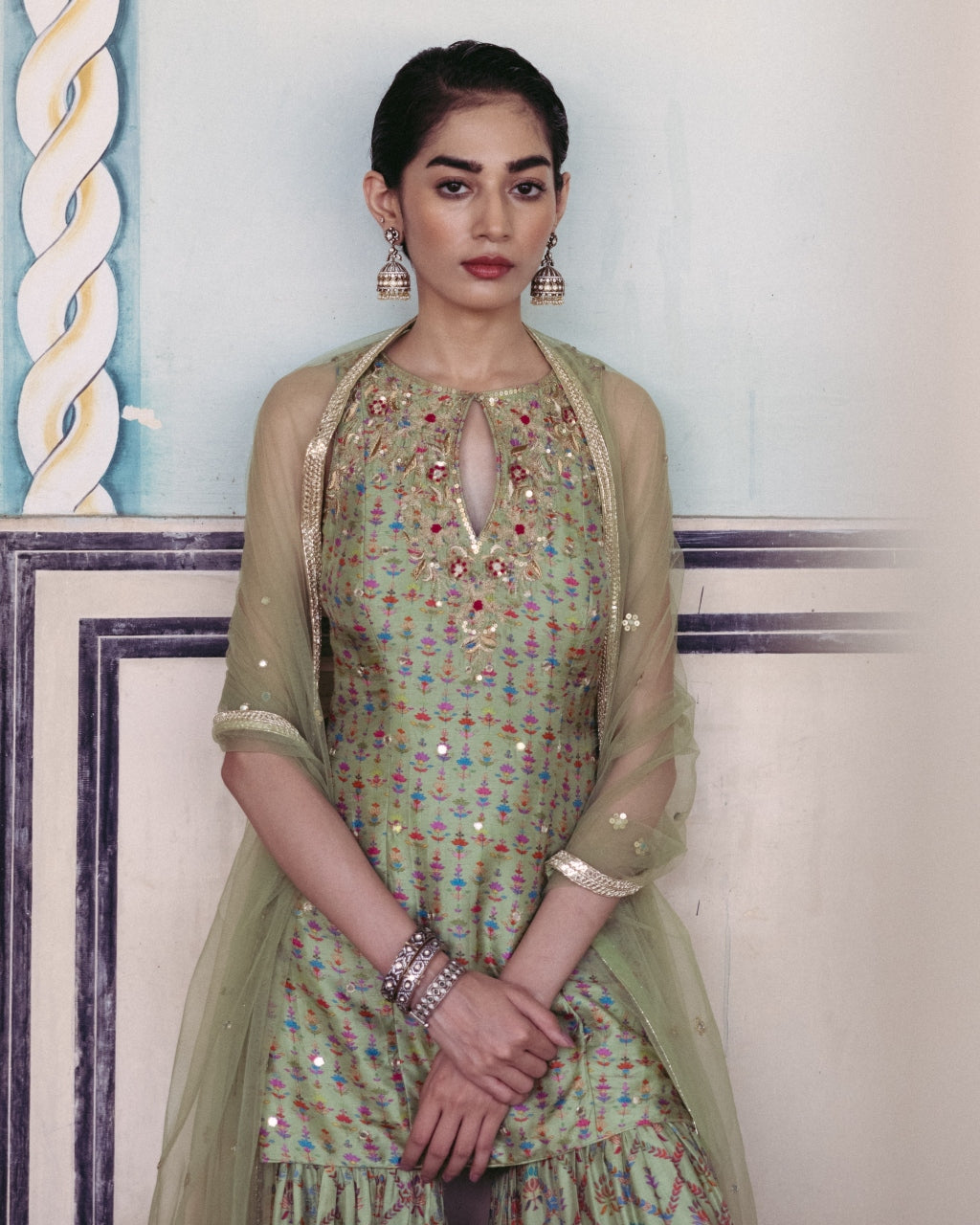 Green Print Sharara Set