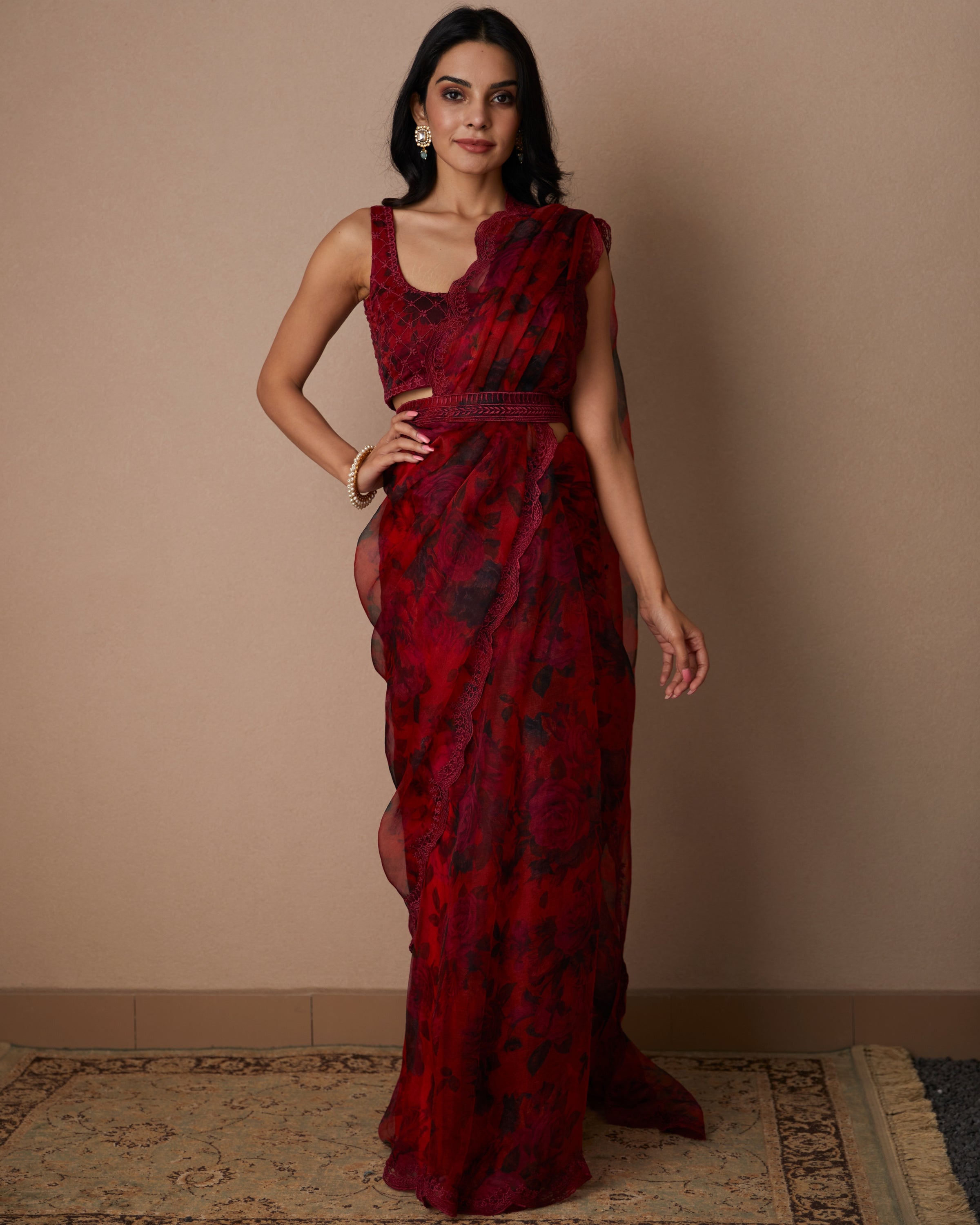 Deep Red Floral Sari Set