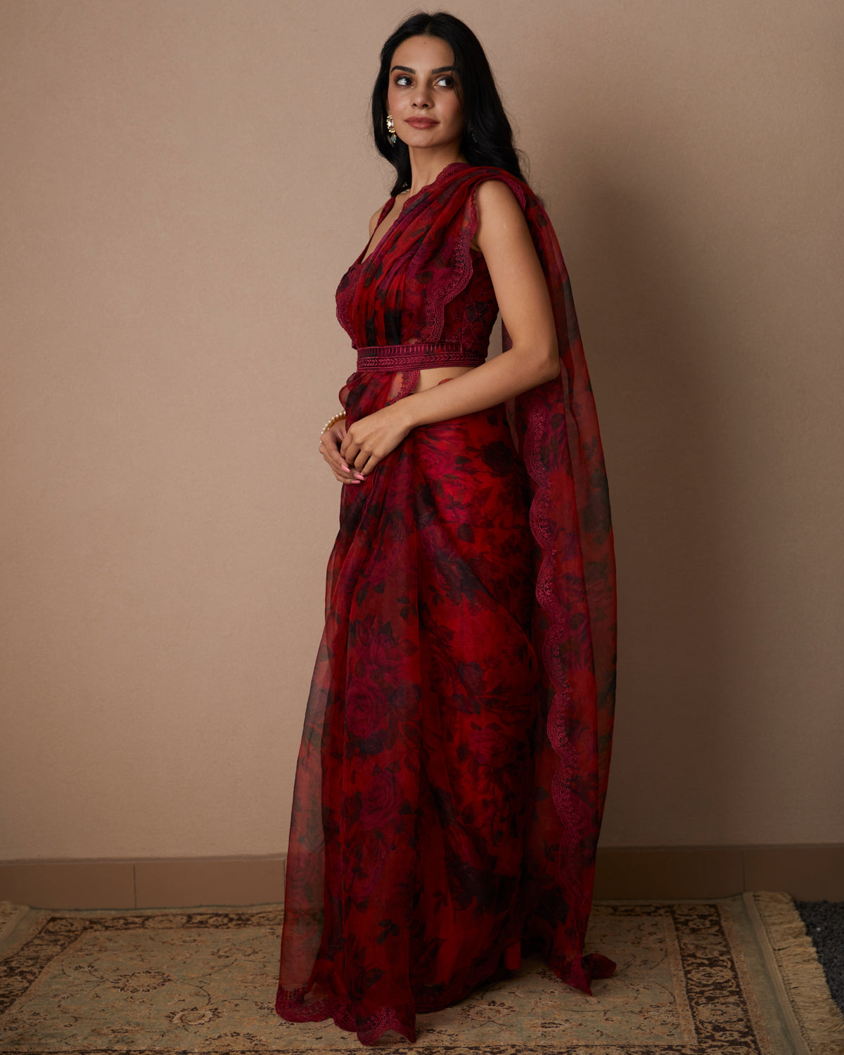 Deep Red Floral Sari Set