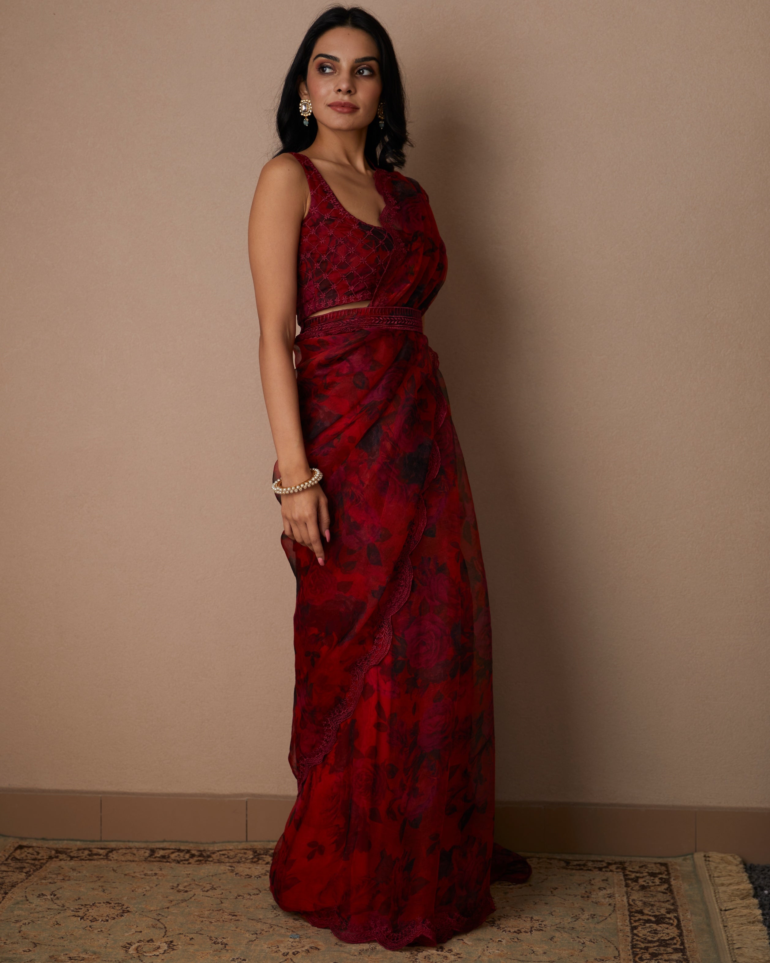 Deep Red Floral Sari Set