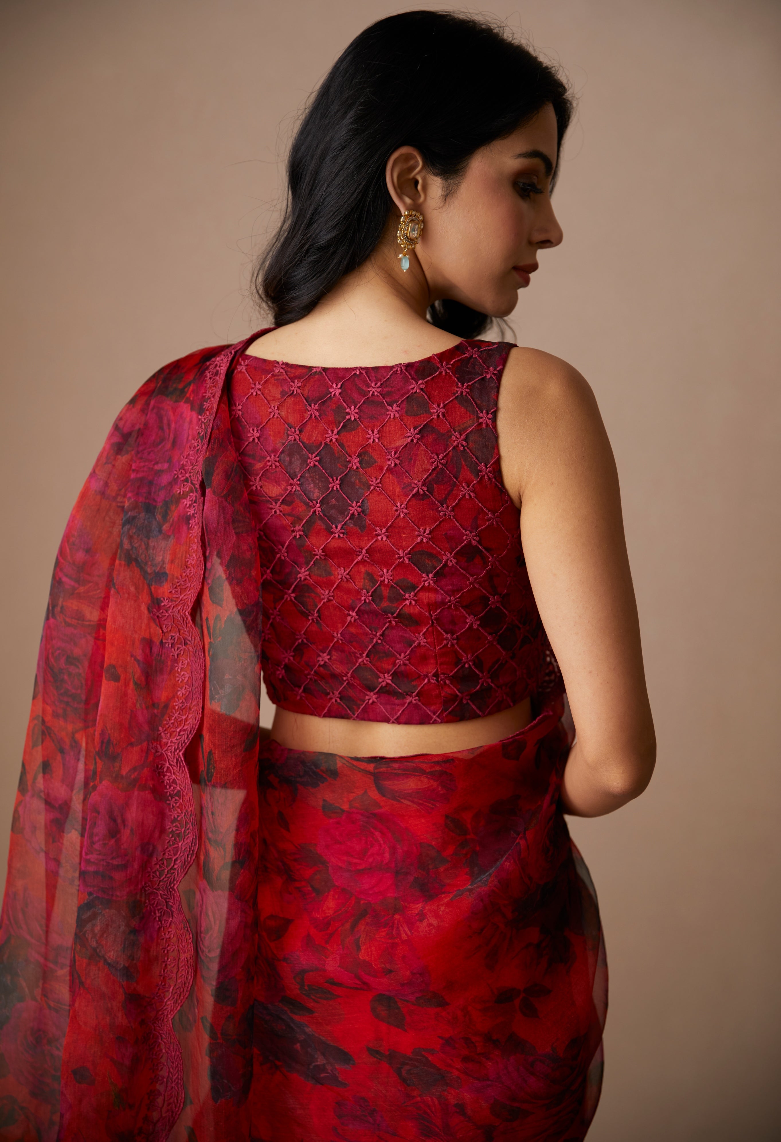 Deep Red Floral Sari Set