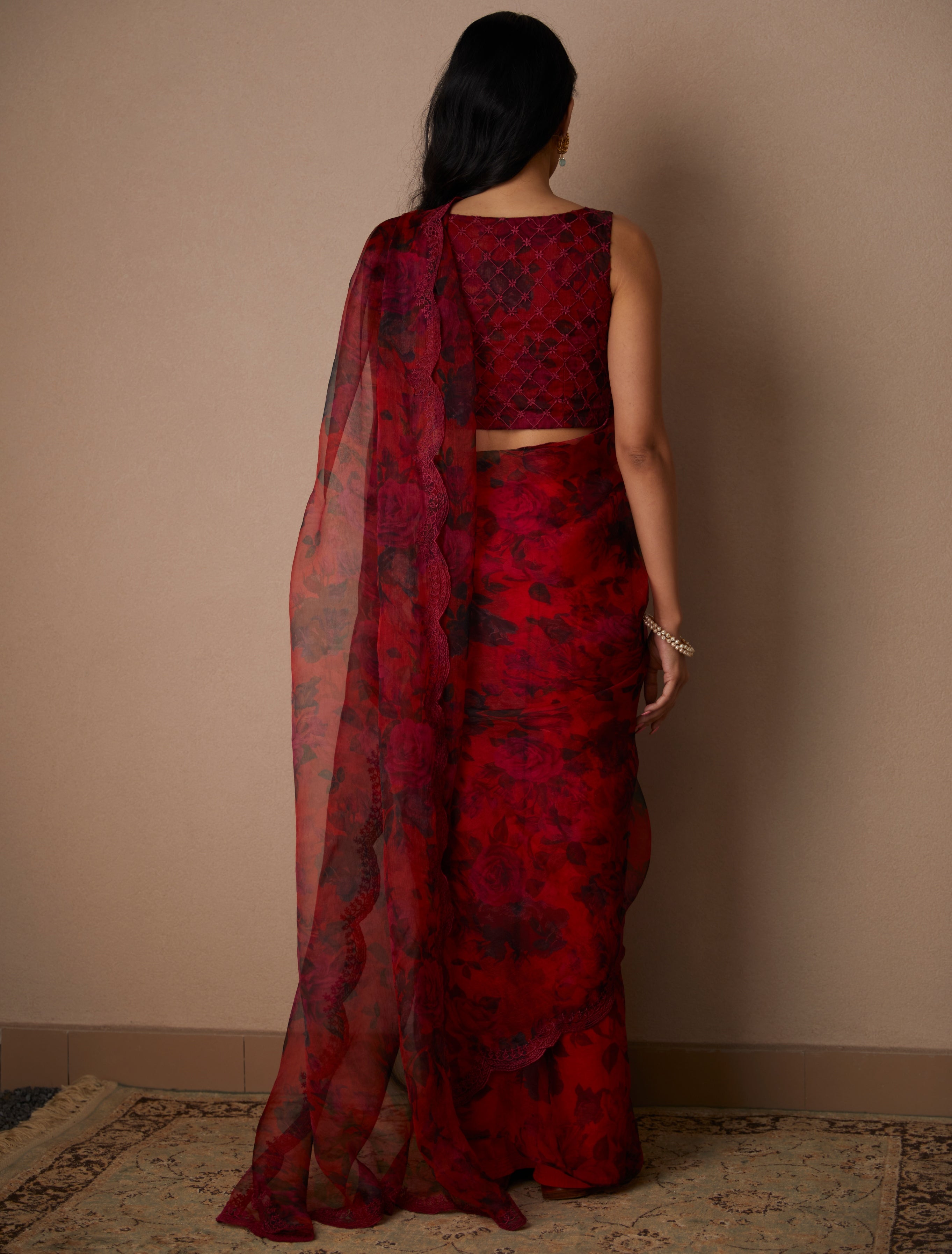 Deep Red Floral Sari Set